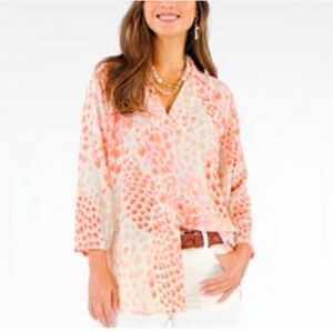 Cabi Go-to Cream Orange Animal Print 3/4 Sleeve Blouse Button Down XS 6081